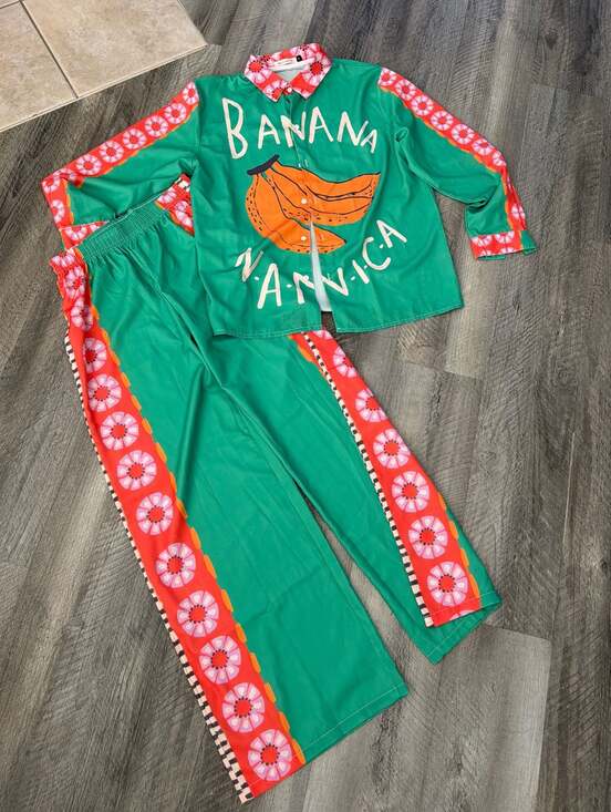 Nice To Meet You Pants - Nice To Meet You Banana Print Button Down Shirt and Pants Two Piece Set